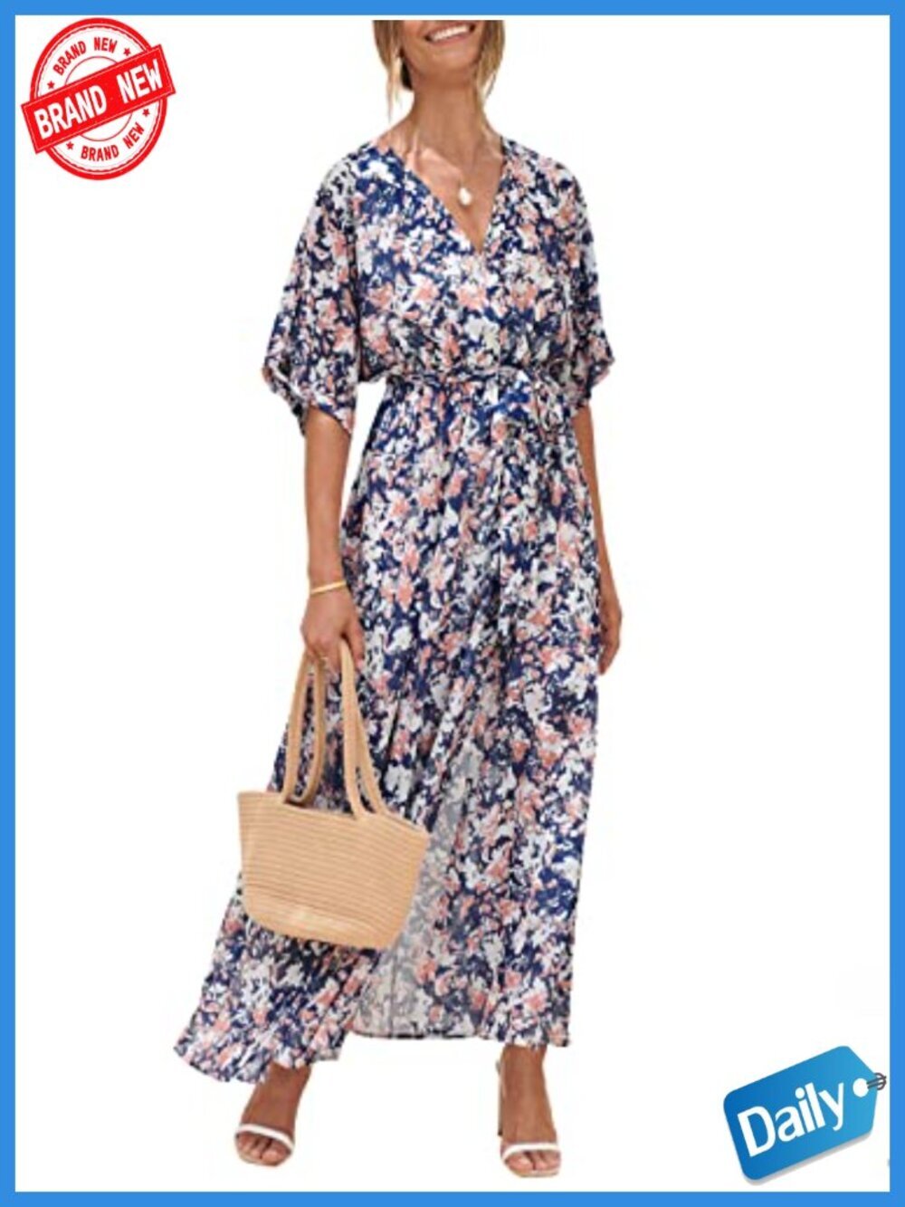 Women's Boho Floral Maxi Dress Flowy A-Line Chiffon with Slit V Neck Elastic